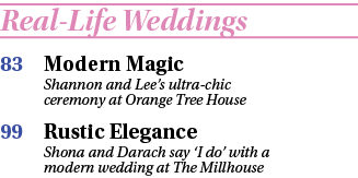 Real-Life Weddings 83 Modern Magic Shannon and Lee s ultra-chic ceremony at Orange Tree House 99 Rustic Elegance Shon   