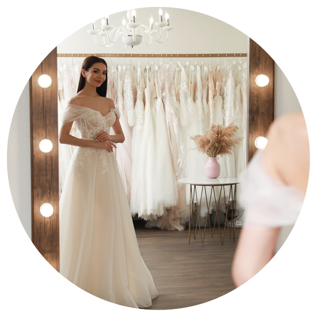 Woman trying on beautiful wedding dress in boutique
