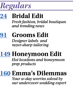 Regulars 24 Bridal Edit Fresh fashion, bridal boutiques and trending news 91 Grooms Edit Designer labels and razor-sh   