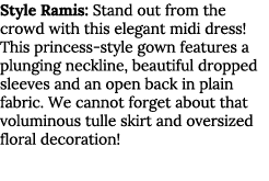 Style Ramis: Stand out from the crowd with this elegant midi dress  This princess-style gown features a plunging neck   