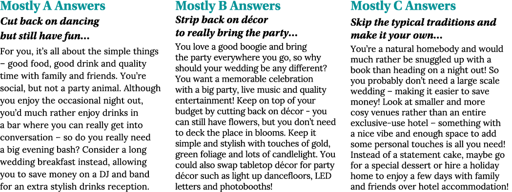 Mostly A Answers Cut back on dancing but still have fun  For you, it s all about the simple things   good food, good    