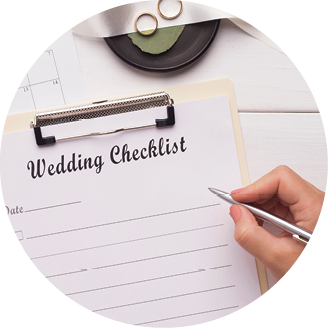 Woman writing wedding items in checklist for planning budget, panorama