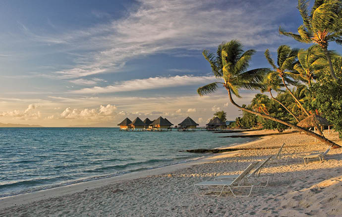Beautiful sunset sunrise in Matira beach in Bora Bora island, South Pacific 