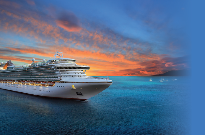 Luxury cruise ship sailing to port on sunrise 