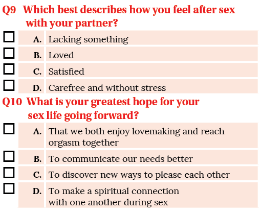 Q9  Which best describes how you feel after sex      with your partner , ,A ,Lacking something, ,B ,Loved, ,C ,Satisf   
