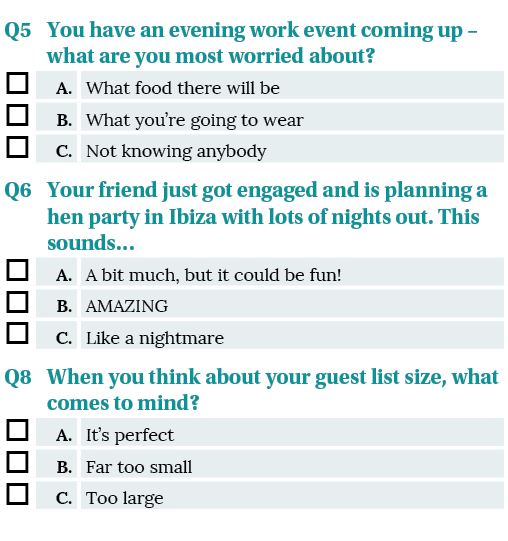 Q5 ,You have an evening work event coming up   what are you most worried about , ,A ,What food there will be, ,B ,Wha   