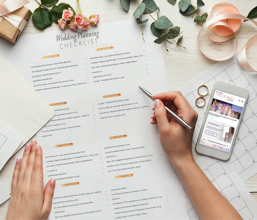 Wedding background with checklist and calendar. Female hands arranging marriage, filling in planners on white wooden table with lots of tender bridal stuff, top view