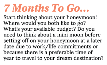 7 Months To Go… Start thinking about your honeymoon! Where would you both like to go? What’s your available budget? D...
