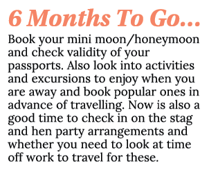 6 Months To Go… Book your mini moon/honeymoon and check validity of your passports. Also look into activities and exc...