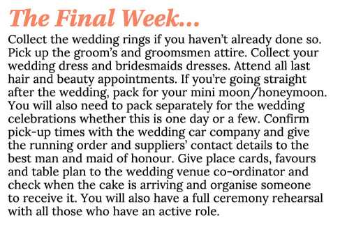 The Final Week… Collect the wedding rings if you haven’t already done so. Pick up the groom’s and groomsmen attire. C...