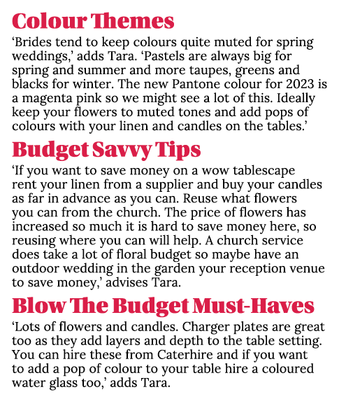 Colour Themes ‘Brides tend to keep colours quite muted for spring weddings,’ adds Tara. ‘Pastels are always big for s...