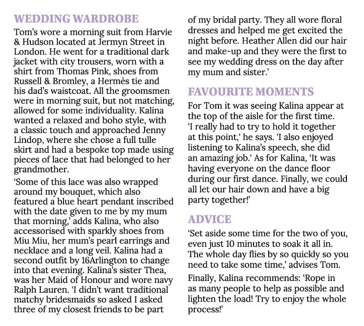 Wedding Wardrobe Tom’s wore a morning suit from Harvie & Hudson located at Jermyn Street in London. He went for a tra...