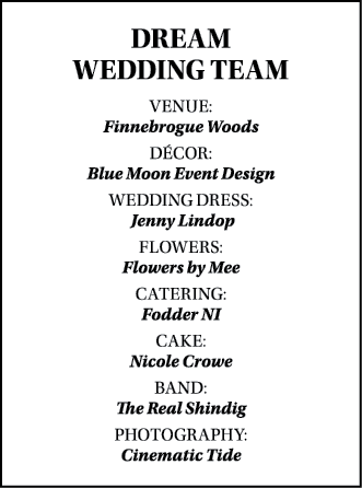 DREAM WEDDING TEAM Venue: Finnebrogue Woods D cor: Blue Moon Event Design Wedding Dress: Jenny Lindop Flowers: Flower...