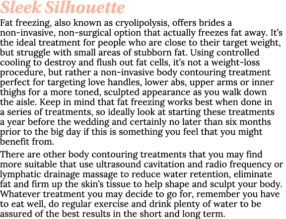 Sleek Silhouette Fat freezing, also known as cryolipolysis, offers brides a non invasive, non surgical option that ac...