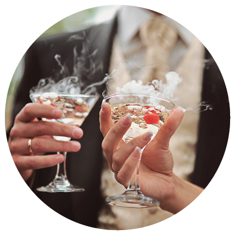 Champagne glasses. Wedding slide champagne for bride and groom. Colorful wedding glasses with champagne. Catering service. Catering bar for celebration. Beauty of bridal interior for wedding