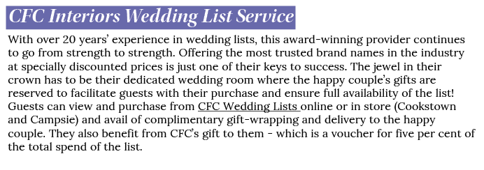 CFC Interiors Wedding List Service With over 20 years’ experience in wedding lists, this award winning provider conti...