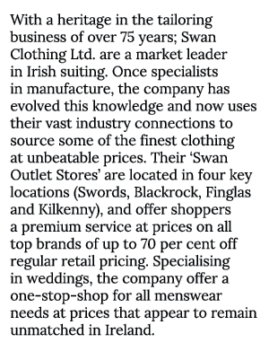With a heritage in the tailoring business of over 75 years; Swan Clothing Ltd. are a market leader in Irish suiting. ...