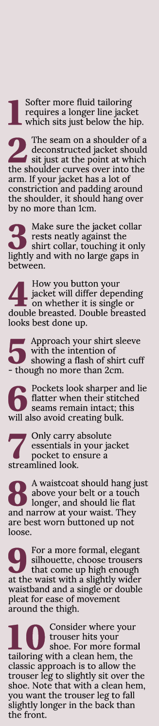  1 Softer more fluid tailoring requires a longer line jacket which sits just below the hip. 2The seam on a shoulder o...