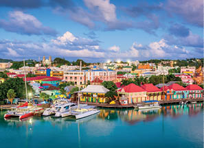 St. John's, Antigua and Barbuda town skyline on Redcliffe Quay at dusk.