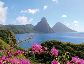 The pitons in St. Lucia as seen from Jade Mountain Resort.