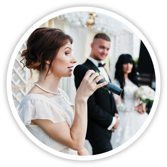 Master of ceremony speech on microphone background wedding couple 