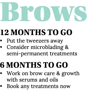 Brows 12 Months To Go   Put the tweezers away   Consider microblading & semi-permanent treatments 6 Months To Go   Wo   