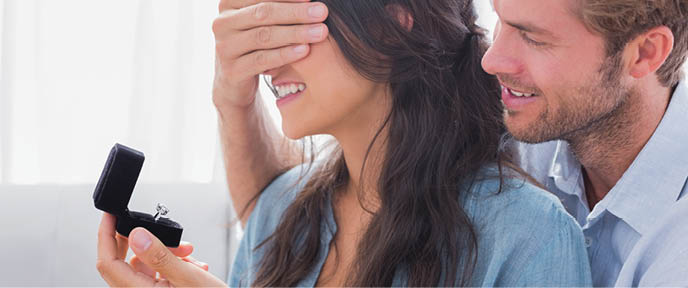 Man hiding his wifes eyes to offer her an engagement ring for a marriage proposal