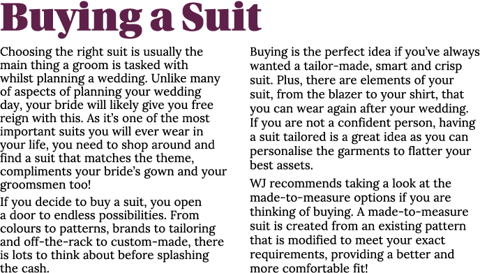 Buying a Suit Choosing the right suit is usually the main thing a groom is tasked with whilst planning a wedding. Unl...