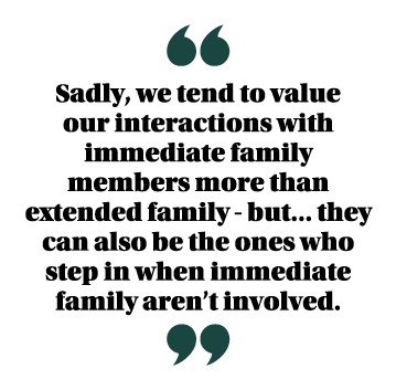 ￼ Sadly, we tend to value our interactions with immediate family members more than extended family but... they can al...