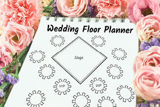 selective focus at word wedding floor planner with room lay out on paper pink flower background,wedding checklist