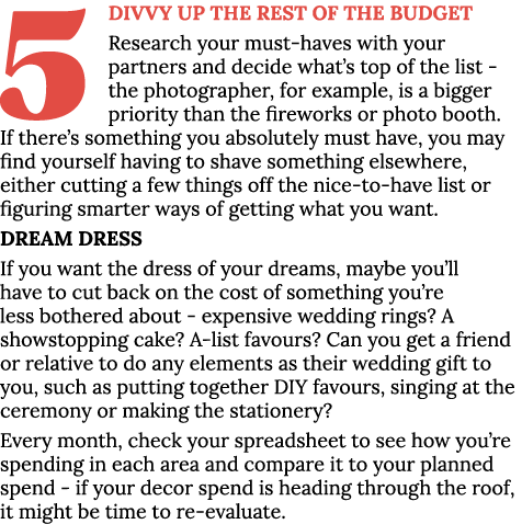 5 Divvy up the rest of the budget Research your must-haves with your partners and decide what s top of the list - the   