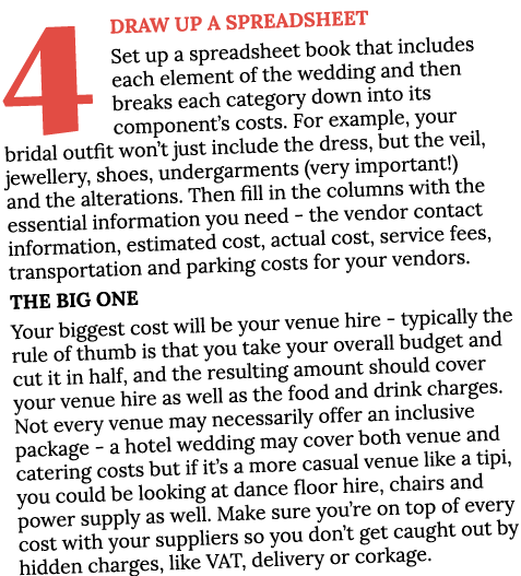 4 Draw up a spreadsheet Set up a spreadsheet book that includes each element of the wedding and then breaks each cate   