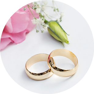 Pink flowers and two golden wedding rings on white background  