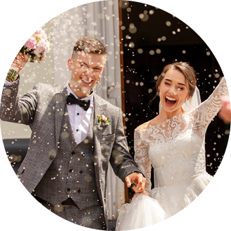 Happy wedding photography of bride and groom at wedding ceremony  Wedding tradition sprinkled with rice and grain