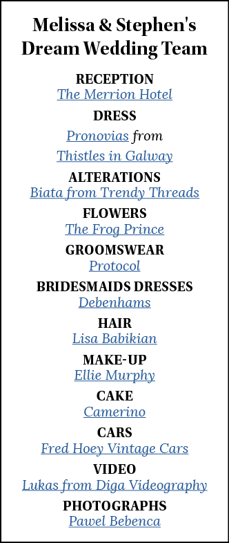 Melissa & Stephen's Dream Wedding Team Reception The Merrion Hotel Dress Pronovias from Thistles in Galway Alteration   