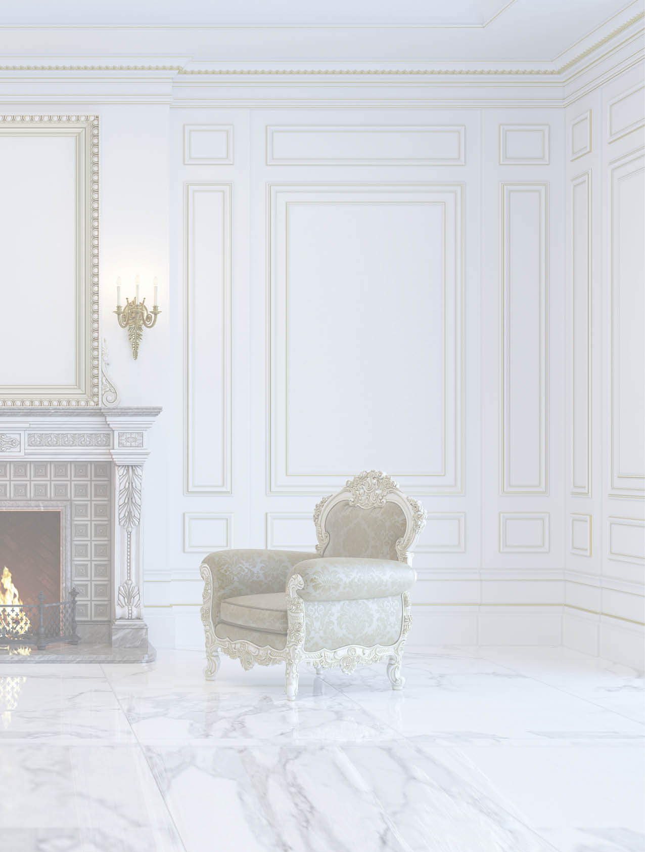 A classic interior is in light tones with fireplace and armchairs  3d rendering 