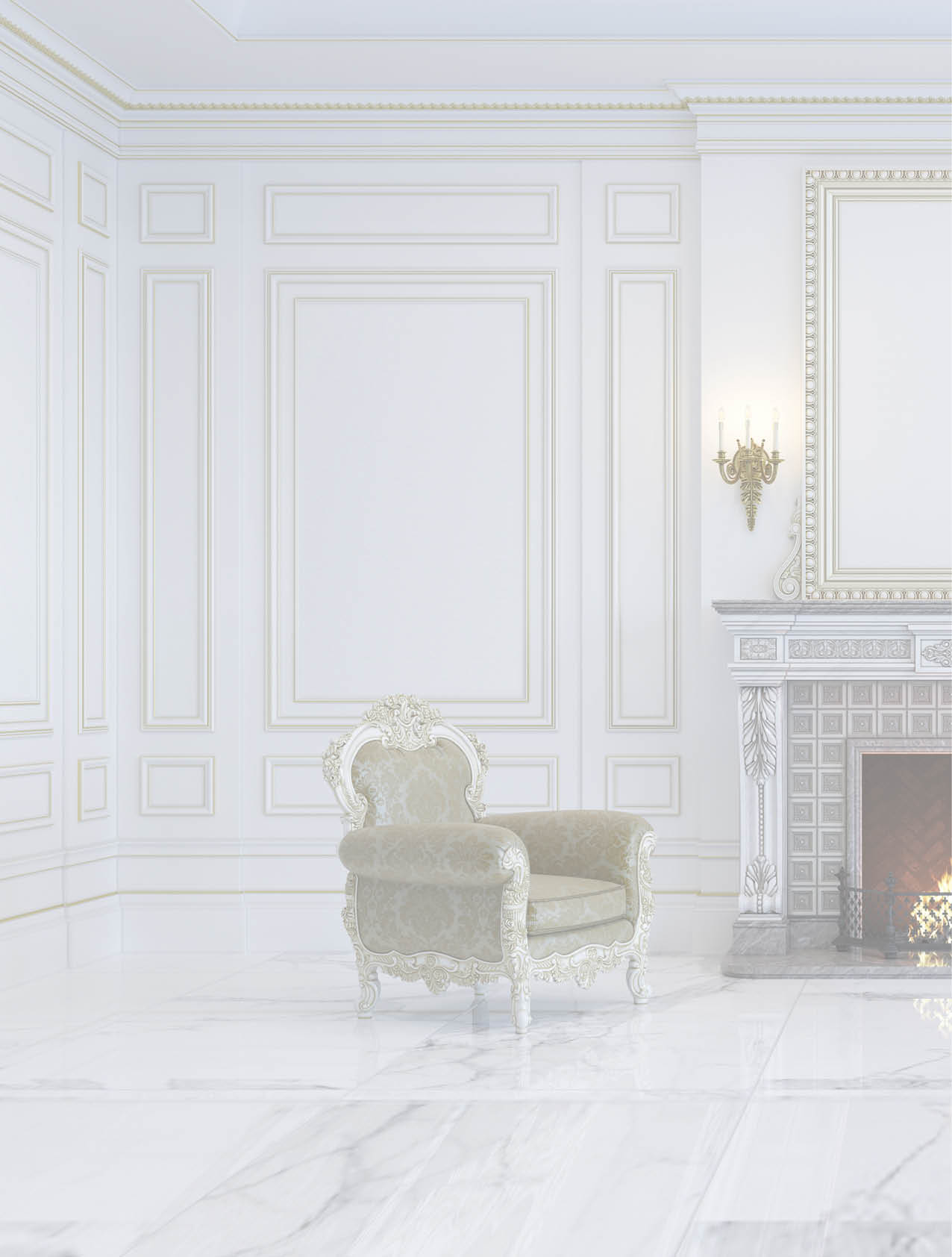 A classic interior is in light tones with fireplace and armchairs  3d rendering 