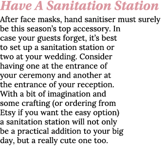 Have A Sanitation Station After face masks, hand sanitiser must surely be this season s top accessory  In case your g   