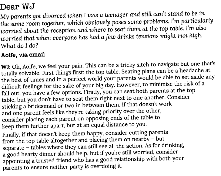 Dear WJ My parents got divorced when I was a teenager and still can t stand to be in the same room together, which ob   