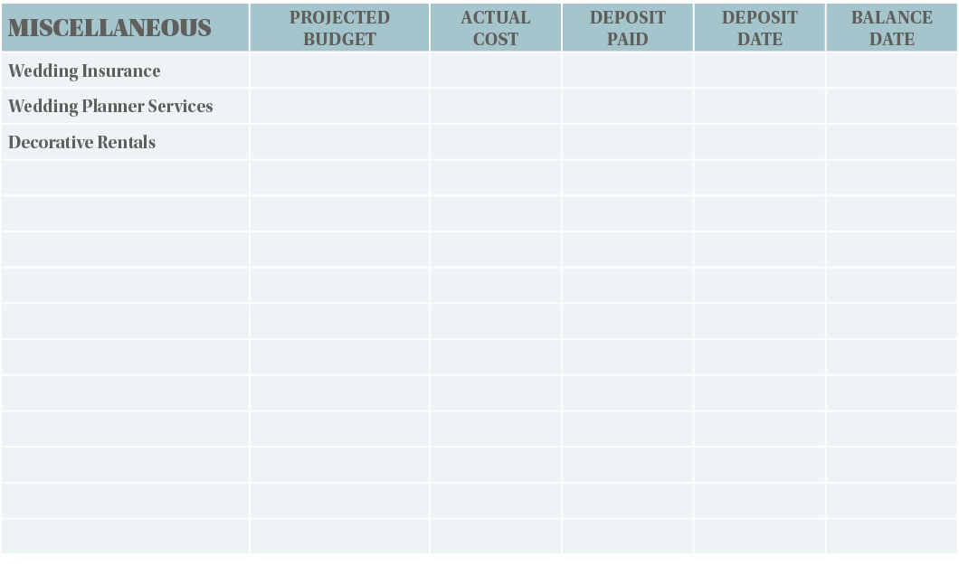 MISCELLANEOUS,PROJECTED BUDGET,ACTUAL COST,DEPOSIT PAID,DEPOSIT DATE,BALANCE DATE,Wedding Insurance,,,,,,Wedding Plan   