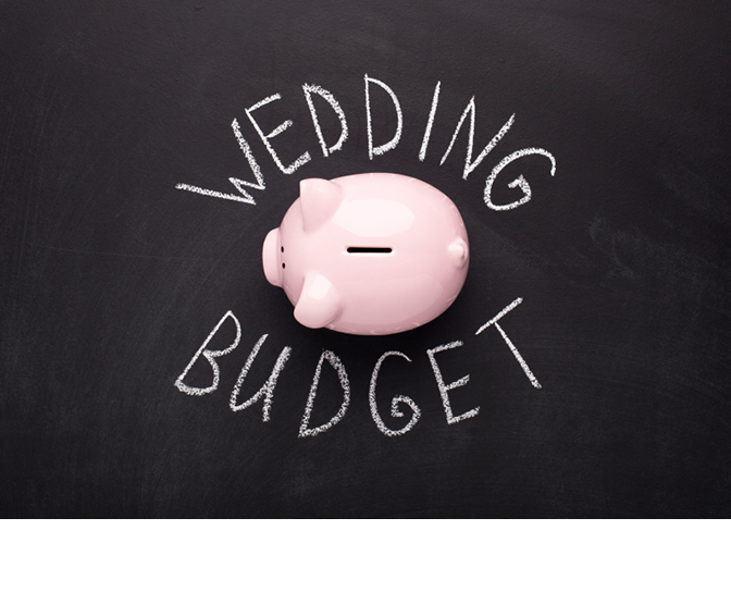 Many coins in a piggy box with wedding budget text on black background. Wedding concept. saving concept