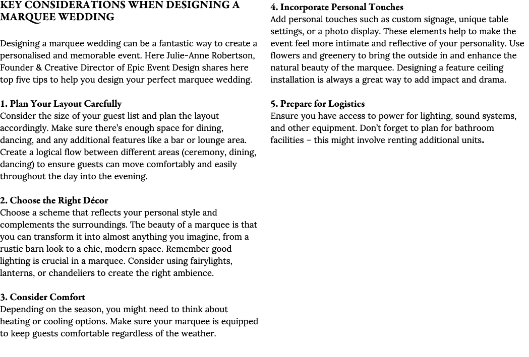 Key Considerations When DesiGNING A Marquee WEDDING Designing a marquee wedding can be a fantastic way to create a pe...