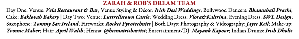 Zarah & Rob’s Dream Team Day One: Venue: Vela Restaurant & Bar; Venue Styling & D cor: Irish Desi Weddings; Bollywood...