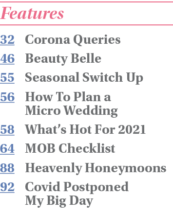 Features 32 Corona Queries 46 Beauty Belle 55 Seasonal Switch Up 56 How To Plan a Micro Wedding 58 What s Hot For 202   