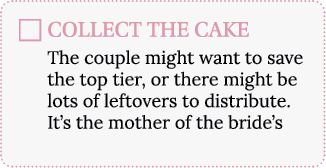 COLLECT THE CAKE The couple might want to save the top tier, or there might be lots of leftovers to distribute  It s    