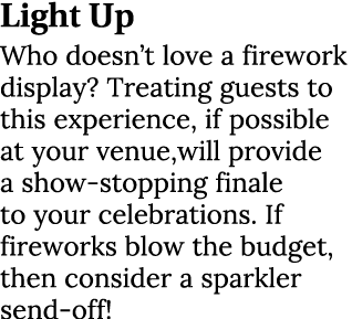 Light Up Who doesn’t love a firework display? Treating guests to this experience, if possible at your venue,will prov...