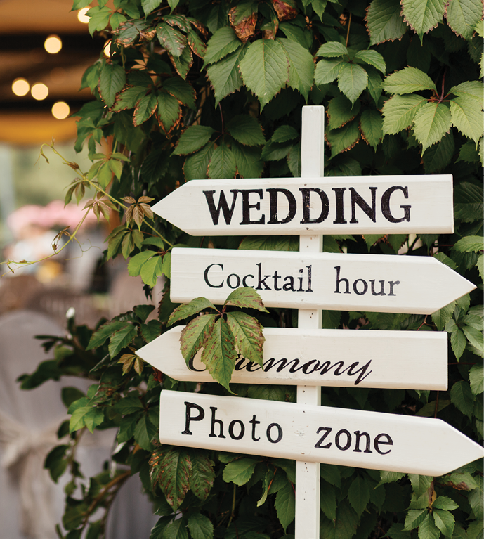 Sign for guests to help them to find the place of wedding, photo zone, cocktails, ceremony made from wood