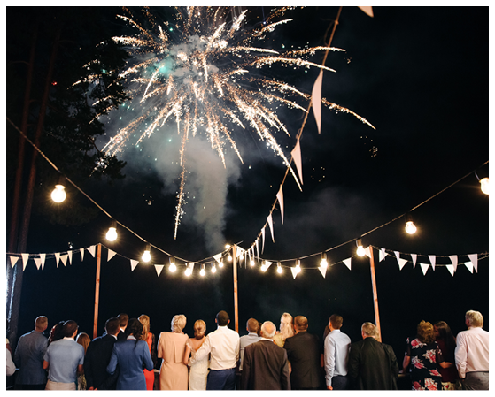 Night evening is the background. The general plan for the belt. At the wedding, guests and newlyweds see a beautiful salute in the sky. The bride and groom with relatives and friends.