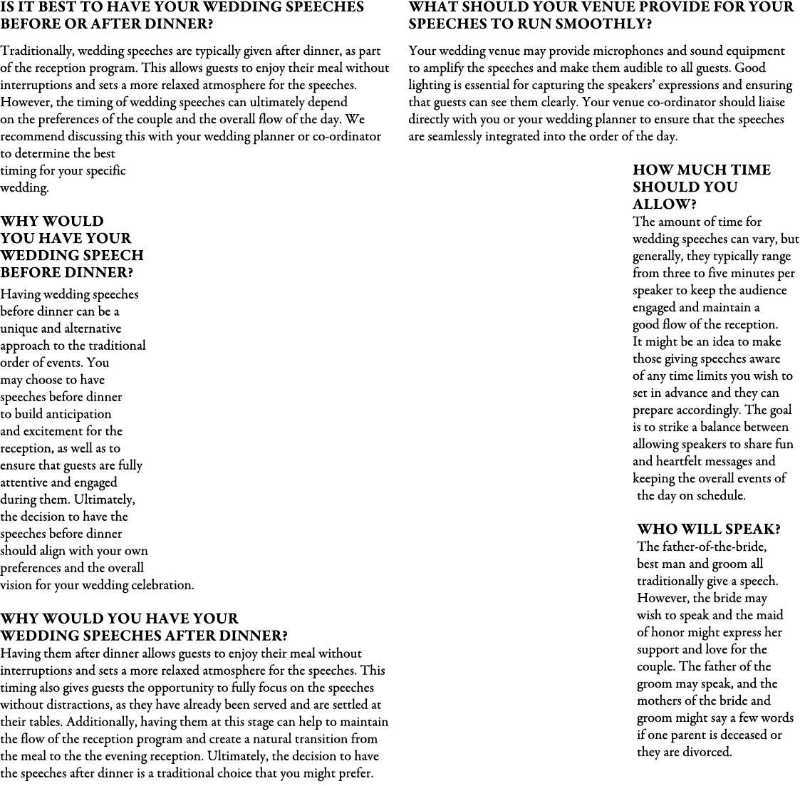 Is it best to have your wedding speeches before or after dinner? Traditionally, wedding speeches are typically given ...