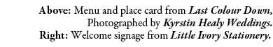 Above: Menu and place card from Last Colour Down, Photographed by Kyrstin Healy Weddings. Right: Welcome signage from...